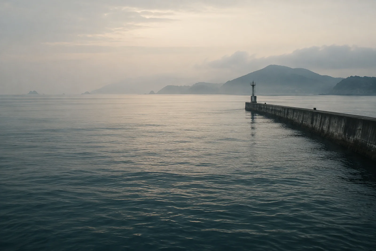 A quiet sea, a distant headland, and a solitary beacon at the end of a weathered breakwater.